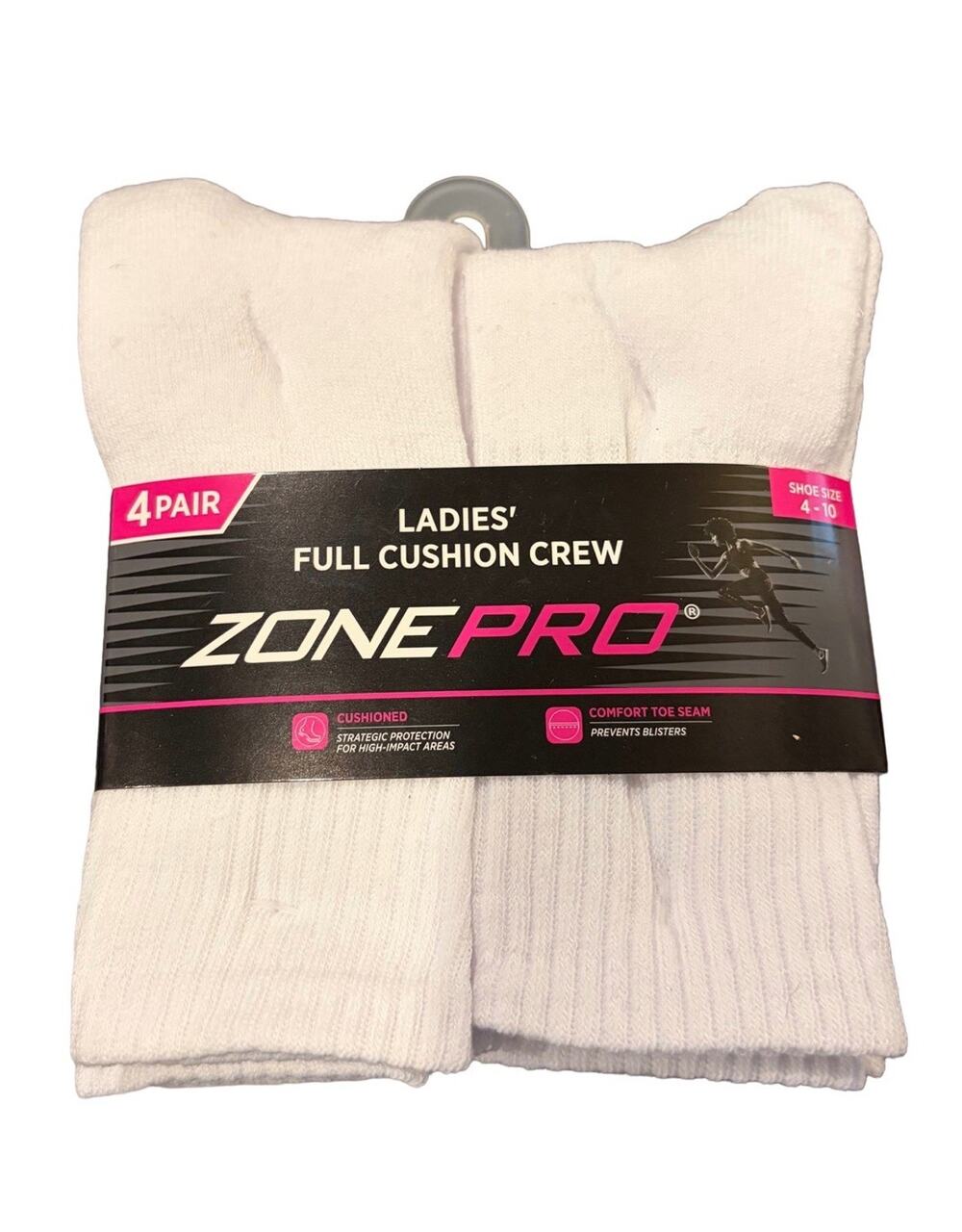 Zone Pro Ladies Full Cushion Crew Socks White 4 Pair Shoe Size 4-10 NEW
